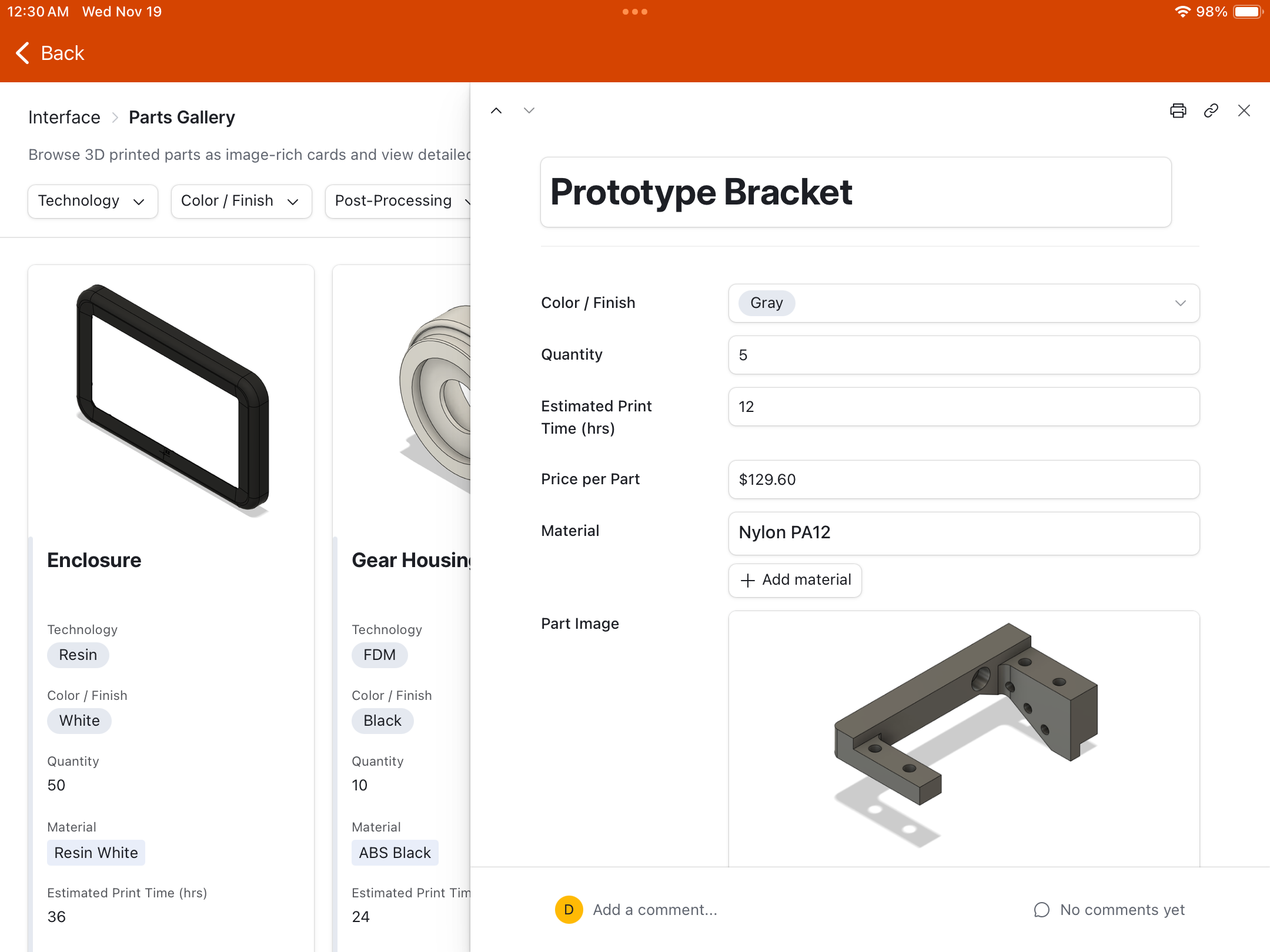 3D parts gallery with detailed specifications, materials tracking, and visual part inspection