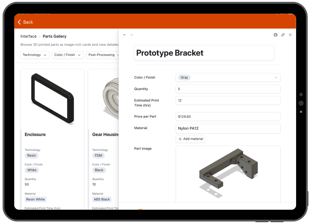 Prototype Bracket 3D parts gallery on iPad showing parts library with enclosure and gear housing cards, and detailed part specifications with 3D model visualization